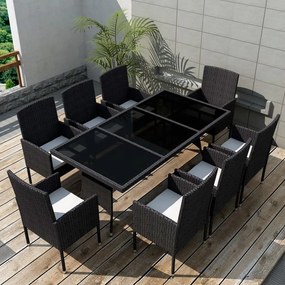 9 pcs conjunto jantar exterior com almofadões vime PE preto