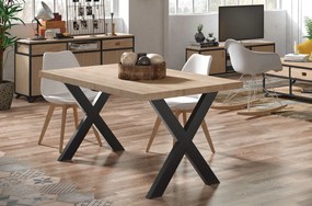 Mesa de jantar fixa, sala de estar, modelo X-LOFT, tampo em madeira maciça em carvalho bravo de 54 mm de espessura, pés metálicos, mede 160x90x76cm de