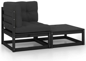 2 pcs conjunto lounge jardim c/ almofadões pinho maciço preto