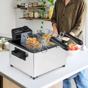 Fritadeira elétrica de 2000 W com 3 cestos Temperatura ajustável e tampa com janela de visualização uso doméstico Prata e preto