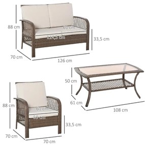 Conjunto Lounge em Vime de 2 Poltronas, 1 Sofá Duplo e 1 Mesa de Centr
