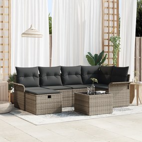 Conjunto de Sofá de Jardim de 7 peças com Almofadas Cinza Polirattan