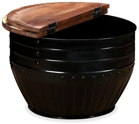 Mesa centro madeira reciclada maciça preta em forma de barril