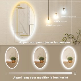Espelho de casa de banho com iluminação, 80 x 50 cm, espelho LED oval, antiembaciamento, 3 cores de luz, intensidade regulável, transparente