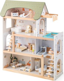 Casa de bonecas de madeira para crianças 63 x 25 x 78 cm com 33 acessórios de mobiliário, 6 quartos, para maiores de 3 anos, verde claro