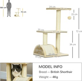 Arranhador para Gatos Médio de 3 Níveis  com Postes de Sisal Placa para Arranhar e Bola Suspensa 40x35x72 cm Creme