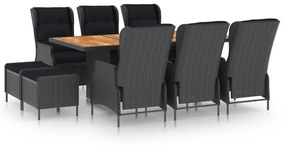 vidaXL 9 pcs conj. jantar exterior c/ almofadões vime PE cinza-escuro