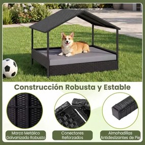 Cama de rattan para cães com toldo de rattan, para jardim 98 x 69 x 74 cm, Suporta 60 kg Almofada removível para interior e exterior cinza e preto