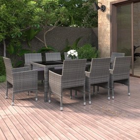 vidaXL 9 pcs conjunto de jantar para jardim vime PE cinzento