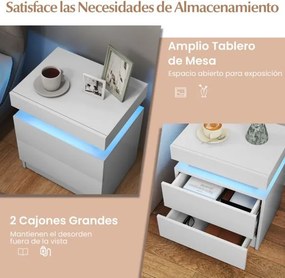 Mesa de cabeceira com luzes LED, 2 gavetas de arrumação, acabamento brilhante e textura de mármore branca