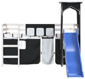 Cama alta criança c/ torre 80x200 cm pinho maciço branco/preto