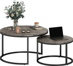 Conjunto de 2 mesas baixas centro encaixáveis e empilháveis, de design industrial, com tampo em imitação de cimento e pés em metal cinzentas e pretas