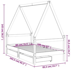 Estrutura cama infantil c/ gavetas 80x160 cm pinho maciço preto