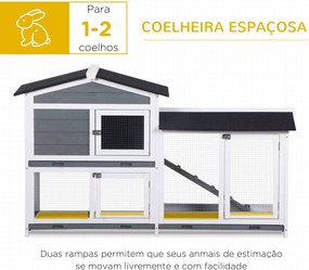Coelheira de Madeira Exterior Gaiola para Coelhos de 2 Níveis com Teto Asfáltico 2 Cercados de Metal Bandeja Removível 3 Portas e Rampa 157,4x53x93,5