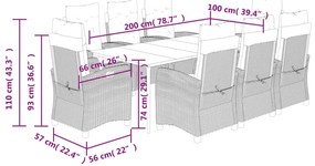 9 pcs conjunto de jantar p/ jardim com almofadões vime PE bege