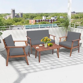 Conjunto de móveis de jardim de 4 peças em madeira de acácia com 1 mesa de centro, 2 cadeiras e 1 sofá para pátio, terraço ou varanda, cinza