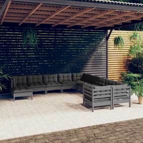 11 pcs conjunto lounge de jardim c/ almofadões pinho cinza
