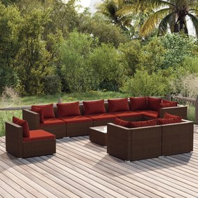 vidaXL 10 pcs conjunto lounge de jardim c/ almofadões vime PE castanho