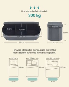 Banco com espaço de arrumação 38 x 110 x 38 cm com assento confortável e organização cinza ardósia