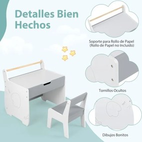 Conjunto de mesa e cadeira infantil de madeira 2 em 1 para crianças com tabuleiro removível, cinzento e branco