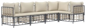 5 pcs conjunto lounge de jardim c/ almofadões vime PE antracite
