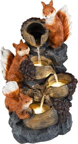 Fonte de Água Decorativa com Esquilos e Avelãs, 34 x 25 x 59 cm, Iluminação LED, Laranja+Cinza