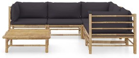 6 pcs conj. lounge jardim em bambu c/ almofadões cinza-escuro