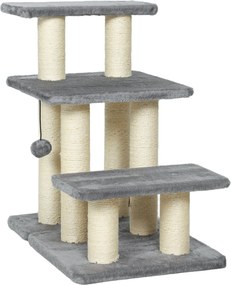 PawHut Escada para Gatos de 3 Degraus Altura Ajustável com Postes para Arranhar e Bola Pendurada Carga 10 kg 52x34,5x54 cm Cinzento | Aosom Portugal