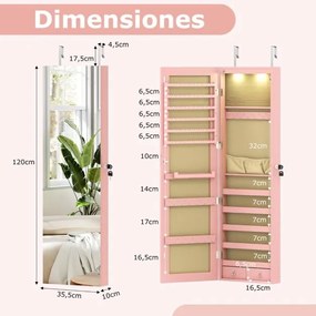 Armário de joias em madeira com espelho de parede e LED interno Organizador de porta ou parede com chave 35,5 x 10 x 120 cm Rosa