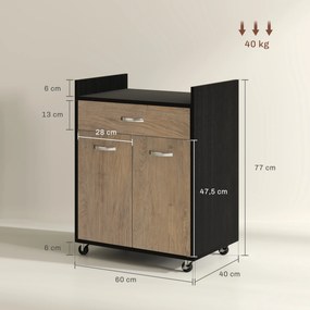 Carrinho de serviço de cozinha com rodas 60 L x 40 P x 77 A cm, gaveta, armário de duas portas e prateleira em madeira cinzenta com efeito de madeira,