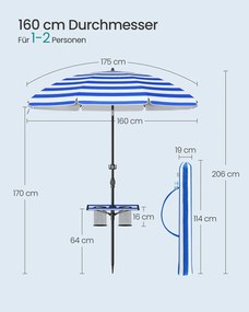Guarda-sol praia160 cm, dobrável em ambos os lados em 30°, altura ajustável, azul e branco