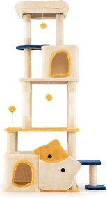 Arranhador para Gatos 85 x 42 cm x 159 cm com 2 Casas Percha de Pelúcia Removível Postes de Sisal para Arranhar Amarelo