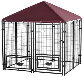 PawHut Parque para Cães com 8 Painéis 2 Suportes Giratórios para Comida 2 Tigelas e Toldo Impermeável 141x141x153 cm Preto e Vermelho