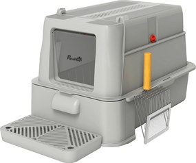 PawHut Caixa de Areia para Gatos de Aço Inoxidável XL com Tampa Articulada 180° Laterais Altas Pedal Pá 63x43x43 cm Cinza Claro | Aosom Portugal