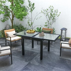 Mesa de jardim extensível dimensões quando aberta: 160 x 80 x 75 cm; estrutura em alumínio; tampo em vidro temperado transparente