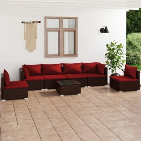 vidaXL 7 pcs conjunto lounge jardim c/ almofadões vime PE castanho