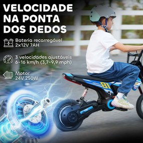 Mota Elétrica para Crianças 24V com Motor 250W Velocidade de 6-16km/h Rodas de 30,5 cm para Crianças de 8-12 Anos Azul