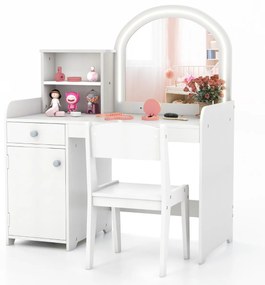 Conjunto de Toucador e Cadeira para Crianças a partir dos 3 anos com Estantes Armário com Gavetas 2 Cores Luzes LED Espelho em Acrílico Blanco
