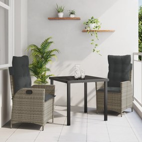 vidaXL Conjunto de Jantar para Jardim de 3 Peças com Almofadas Cinzas de Vime Poliéster