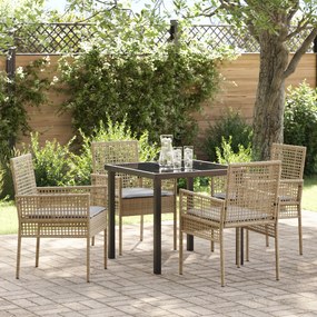 vidaXL Conjunto de Jantar de 5 Peças com Almofadas Bege Rattan Poliéster