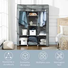 HOMCOM Roupeiro de Tecido Dobrável Armário Portátil com 8 Prateleiras de Armazenamento e 2 Barras de Pendurar Organizador de Roupa para Dormitório Vestidor 125x43x162,5cm Cinza Claro