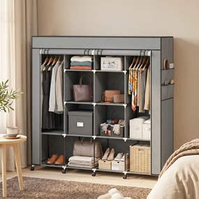 Guarda Roupa de Tecido Portátil com Rodas, 10 Compartimentos, Espaço para Pendurar Roupa e Estrutura em Aço, Cinzento Escuro
