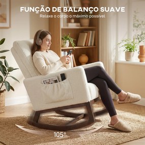 Cadeira de Baloiço com Almofada Lombar Estofada em Franela Neve Encosto Alto Base em Madeira e Bolsos Laterais Creme