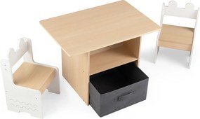 Conjunto de mesa e 2 cadeiras infantis; mesa de atividades com gavetas; tecido; dobrável; compartimentos de arrumação; para crianças a partir dos 3 an
