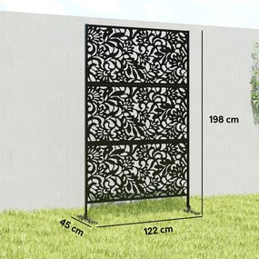 Painel decorativo de proteção visual para exterior, claustra decorativa para jardim, 3 painéis com motivo floral, em aço, 122 x 45 x 198 cm, preto