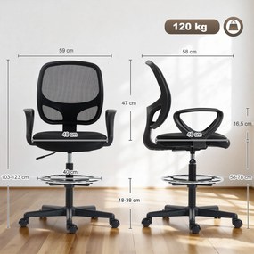 Cadeira de escritório ergonómica, cadeira de escritório com apoio para os pés e braços, altura ajustável, 59 x 58 x 103-123 cm, preta