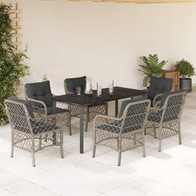 7 pcs conj. jantar p/ jardim c/ almofadões vime PE cinza-claro