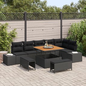 Conjunto de Sofás de Jardim com 9 Peças e Almofadas Preto Rattan Polimérico Aço