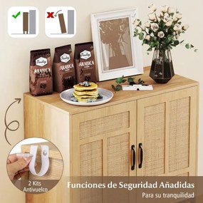 Aparador 80 x 38 x 81 cm com 2 portas em rattan natural, prateleira ajustável em 3 posições, pés metálicos natural