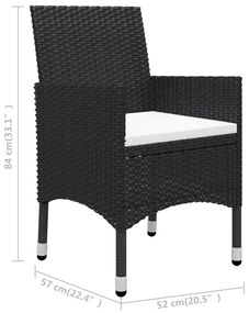 3 pcs conjunto jantar p/ jardim vime PE e vidro temperado preto